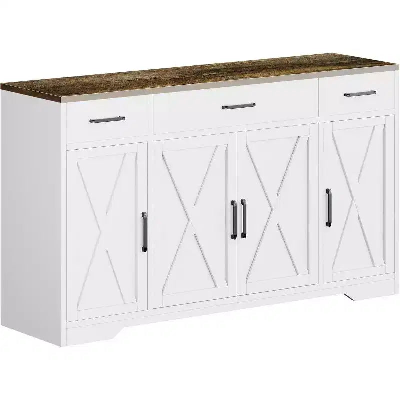 Blanc Noir / Meuble Buffet de Ferme Couleur Bois Blanc – 4 Portes, 3 Tiroirs, pour 1 Personne