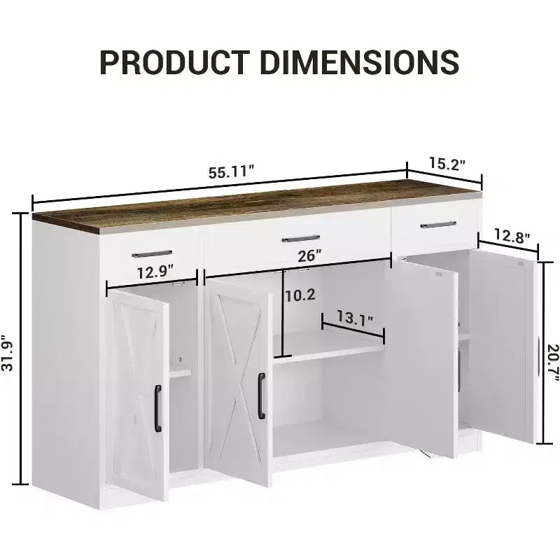 Blanc Noir / Meuble Buffet de Ferme Couleur Bois Blanc – 4 Portes, 3 Tiroirs, pour 1 Personne