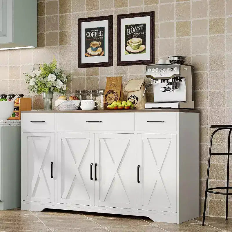 Blanc Noir / Meuble Buffet de Ferme Couleur Bois Blanc – 4 Portes, 3 Tiroirs, pour 1 Personne