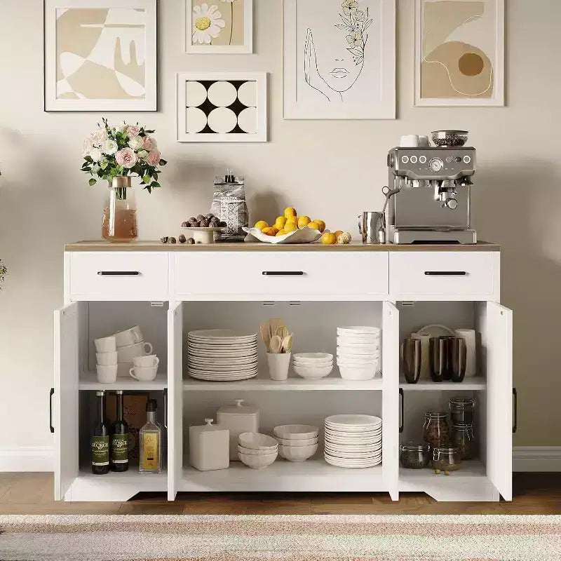 Blanc Noir / Meuble Buffet de Ferme Couleur Bois Blanc – 4 Portes, 3 Tiroirs, pour 1 Personne