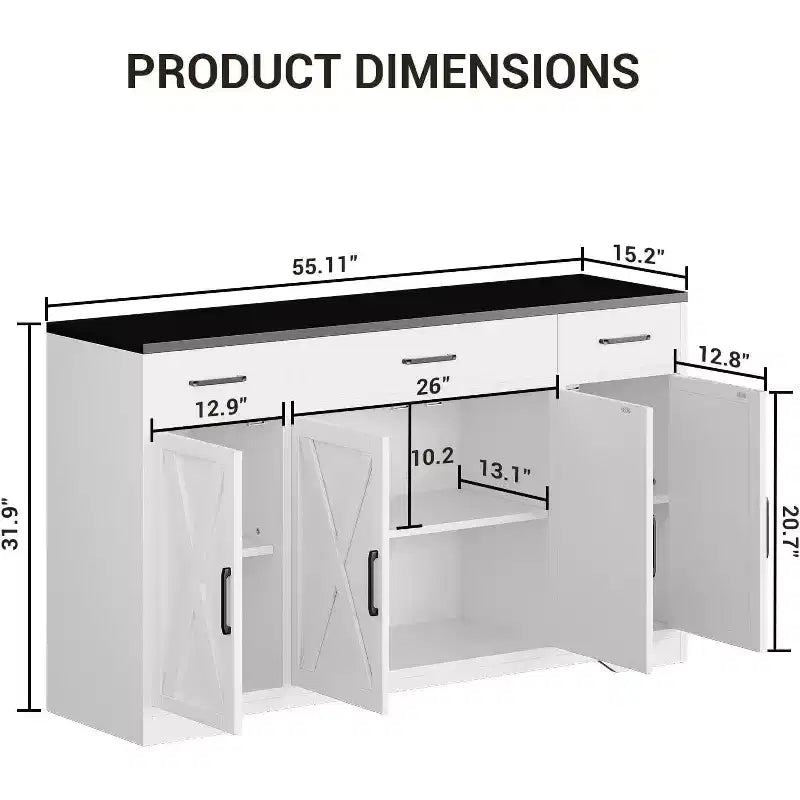 Blanc Noir / Meuble Buffet de Ferme Couleur Bois Blanc – 4 Portes, 3 Tiroirs, pour 1 Personne