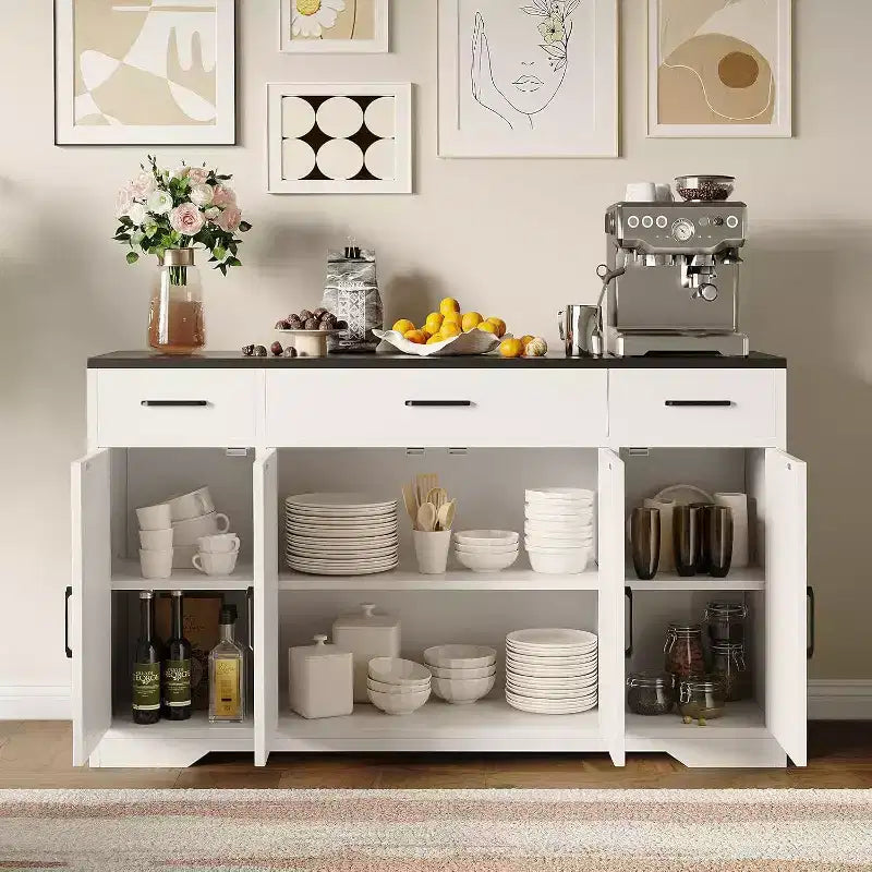 Blanc Noir / Meuble Buffet de Ferme Couleur Bois Blanc – 4 Portes, 3 Tiroirs, pour 1 Personne