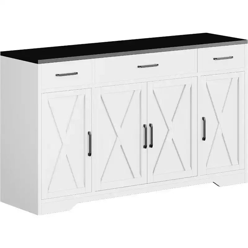 Blanc Noir / Meuble Buffet de Ferme Couleur Bois Blanc – 4 Portes, 3 Tiroirs, pour 1 Personne