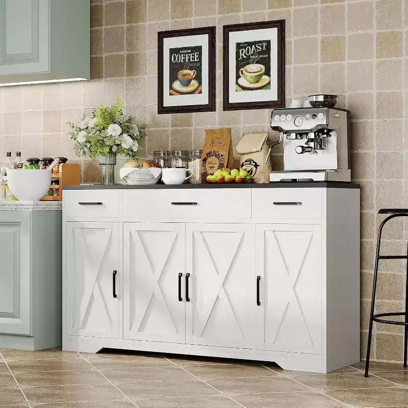 Blanc Noir / Meuble Buffet de Ferme Couleur Bois Blanc – 4 Portes, 3 Tiroirs, pour 1 Personne