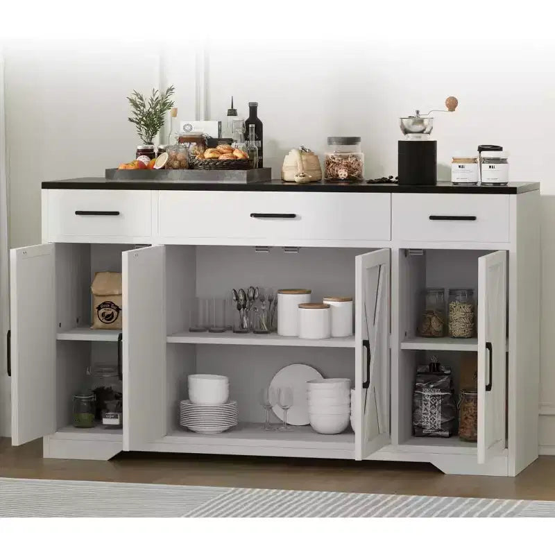 Blanc Noir / Meuble Buffet de Ferme Couleur Bois Blanc – 4 Portes, 3 Tiroirs, pour 1 Personne