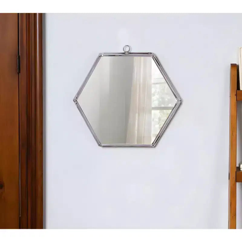 Miroir mural hexagonal argenté – Cadre en acier, simple