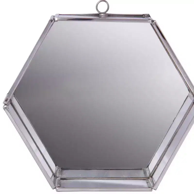 Miroir mural hexagonal argenté – Cadre en acier, simple
