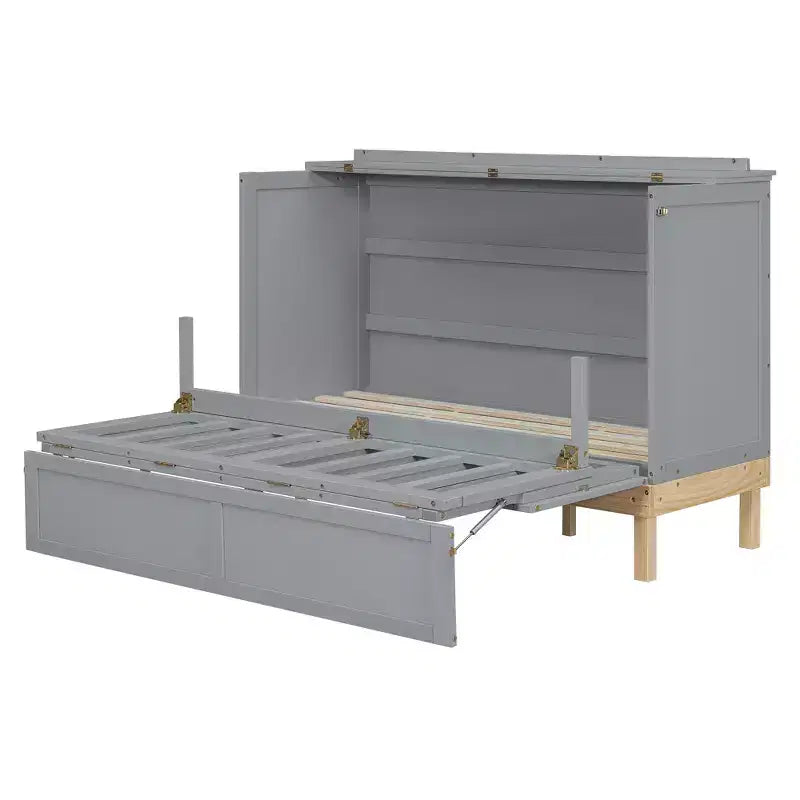 Lit escamotable Queen gris/blanc, se plie en armoire, 2 couchages