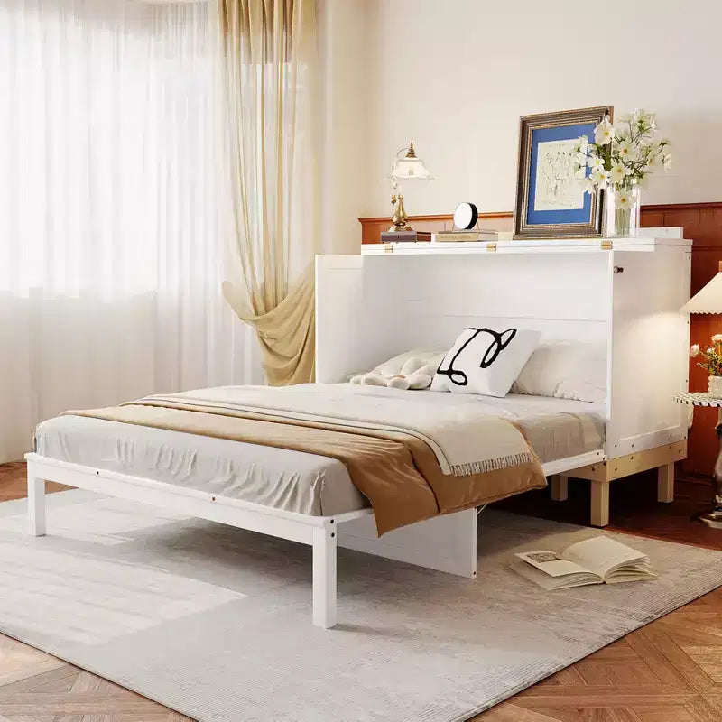 Lit escamotable Queen gris/blanc, se plie en armoire, 2 couchages