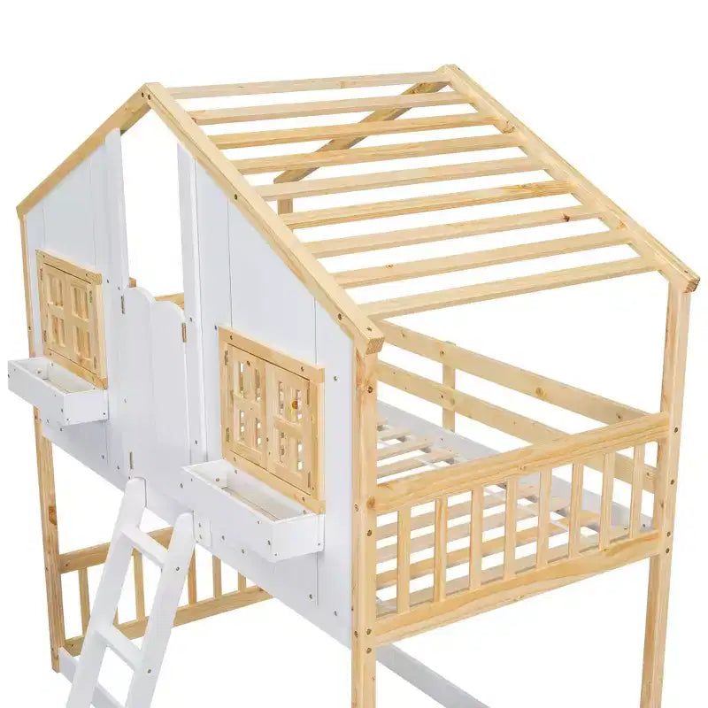 Lit superposé cabane jumeau sur jumeau avec escalier – 2 places – Gris / Blanc naturel / Blanc