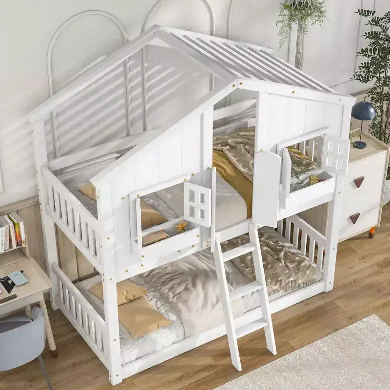 Lit superposé cabane jumeau sur jumeau avec escalier – 2 places – Gris / Blanc naturel / Blanc