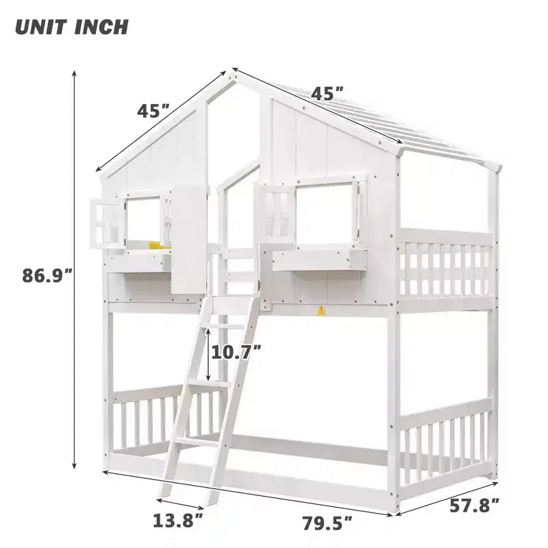 Lit superposé cabane jumeau sur jumeau avec escalier – 2 places – Gris / Blanc naturel / Blanc