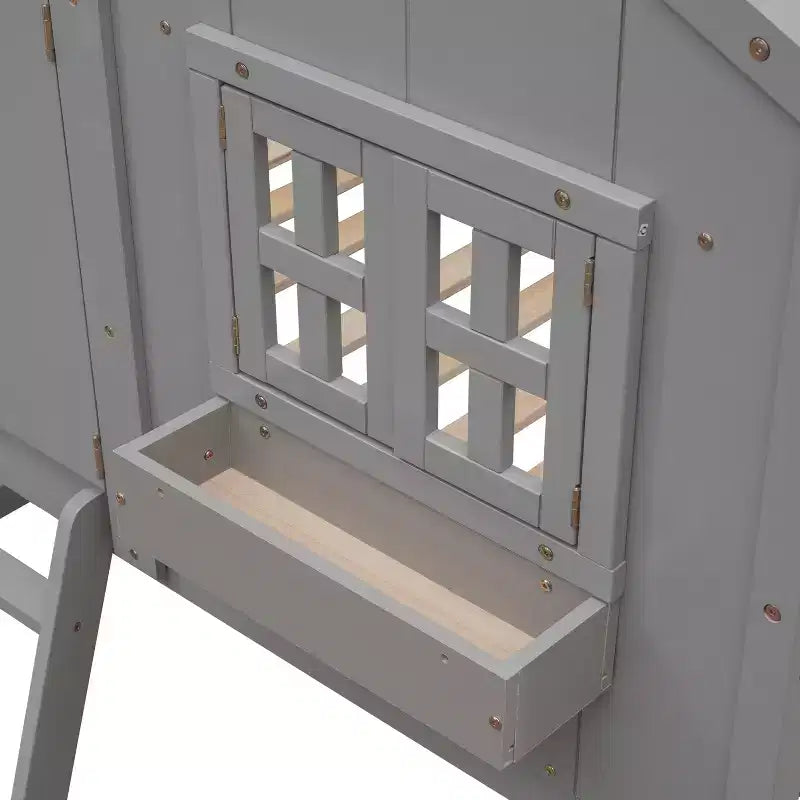 Lit superposé cabane jumeau sur jumeau avec escalier – 2 places – Gris / Blanc naturel / Blanc