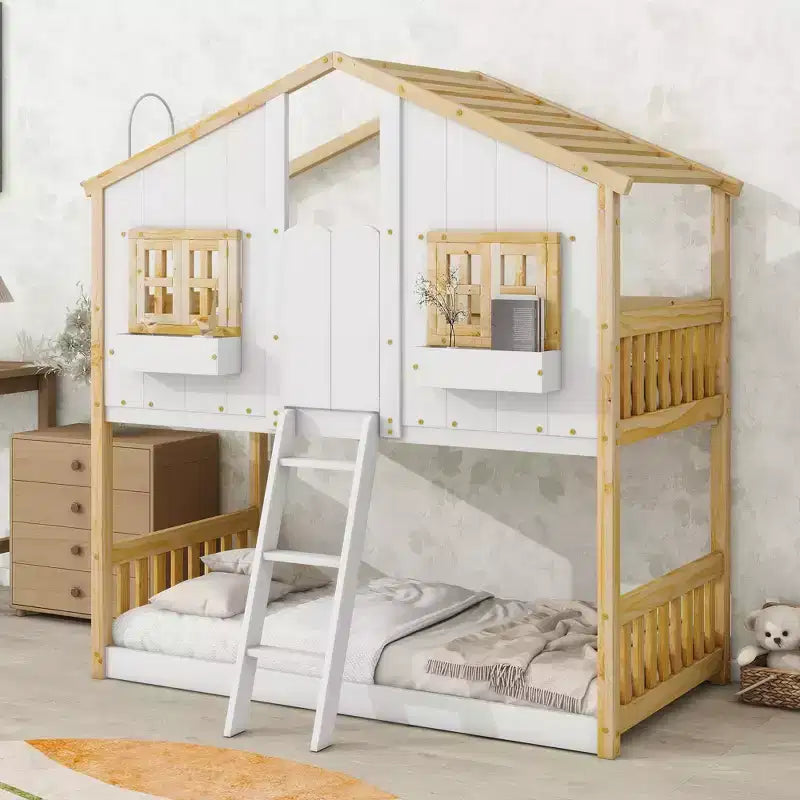 Okak Twin Over Twin House Bunk Bed with Roof, Window Floor Bunk Bed with Safety Guardrails, Door,Stairs Solid Wood for Kids, Easy Assemble