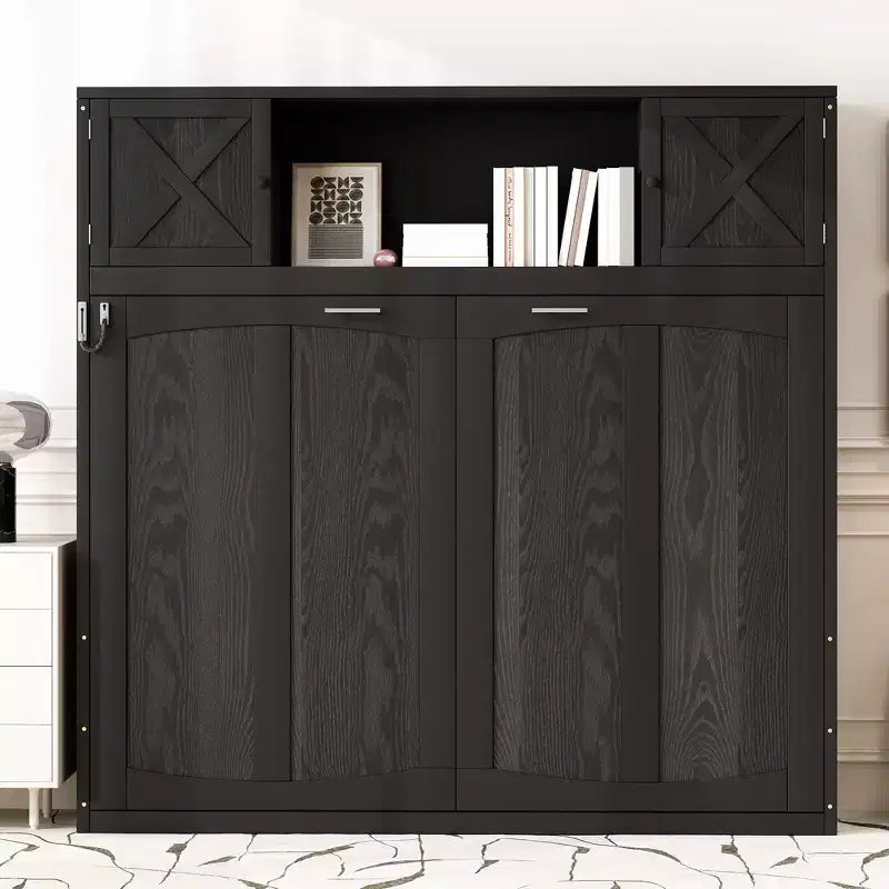 Lit escamotable noir pleine grandeur avec armoires de rangement, style rustique en X, 1–2 couchages