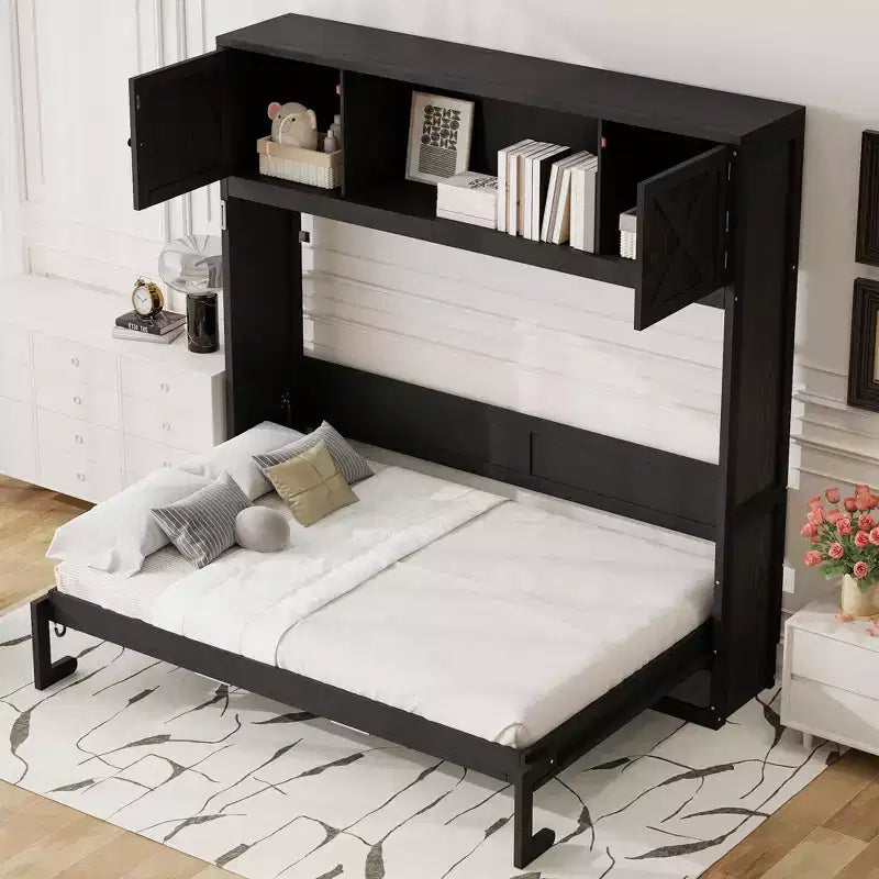 Lit escamotable noir pleine grandeur avec armoires de rangement, style rustique en X, 1–2 couchages
