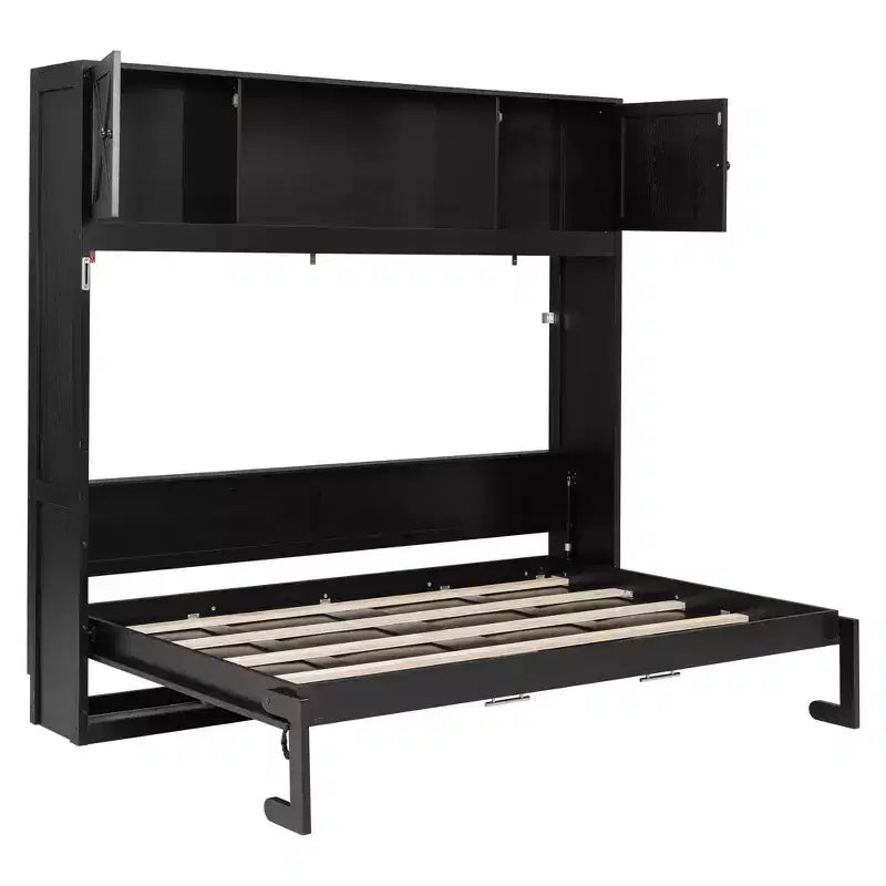 Lit escamotable noir pleine grandeur avec armoires de rangement, style rustique en X, 1–2 couchages