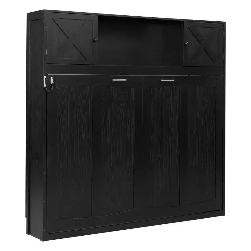 Lit escamotable noir pleine grandeur avec armoires de rangement, style rustique en X, 1–2 couchages