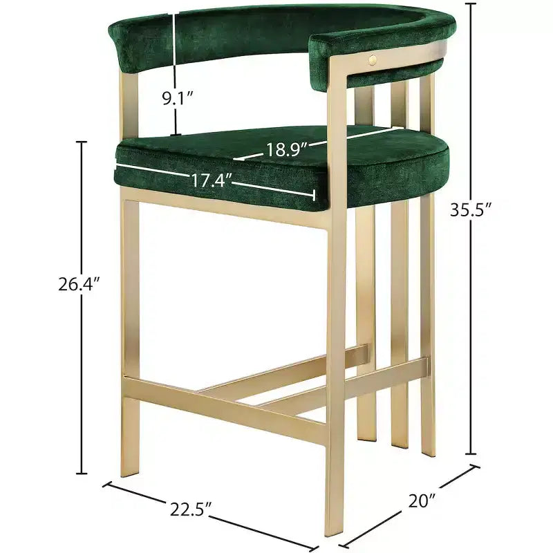 Tabouret de comptoir en velours vert avec accoudoirs, lot de 2