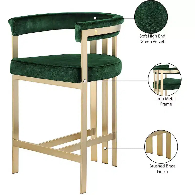 Tabouret de comptoir en velours vert avec accoudoirs, lot de 2