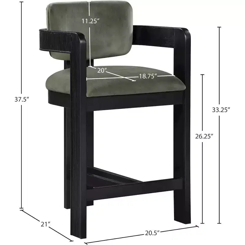Tabouret de comptoir en velours vert, sans accoudoirs et à dossier bas, 1 place