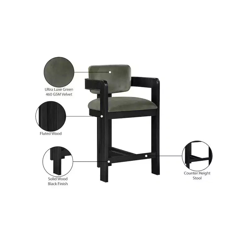 Tabouret de comptoir en velours vert, sans accoudoirs et à dossier bas, 1 place