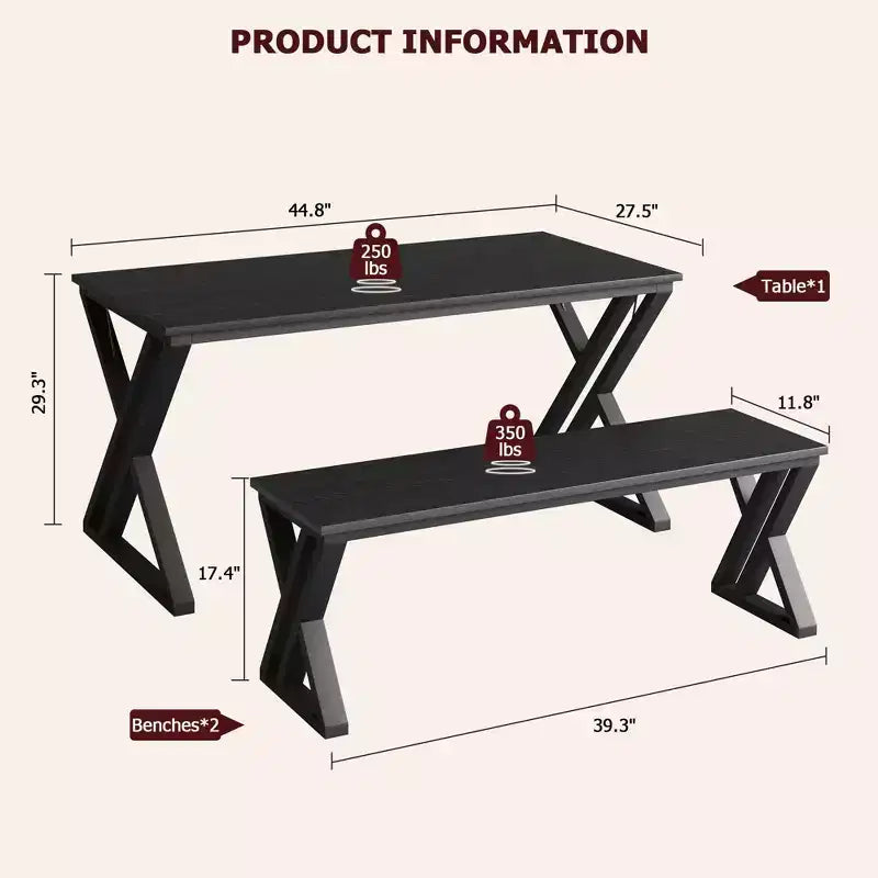 Ensemble table à manger rectangulaire noire avec 2 bancs, 4 places