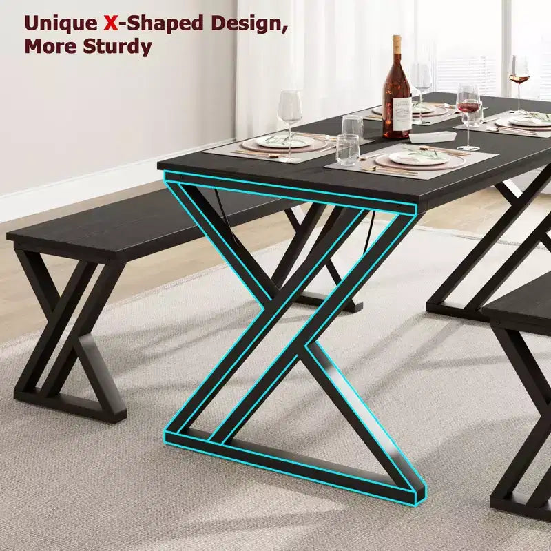 Ensemble table à manger rectangulaire noire avec 2 bancs, 4 places