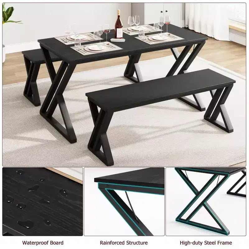 Ensemble table à manger rectangulaire noire avec 2 bancs, 4 places