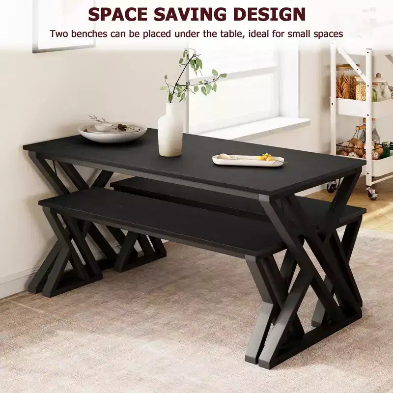 Ensemble table à manger rectangulaire noire avec 2 bancs, 4 places