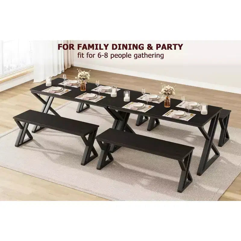 Ensemble table à manger rectangulaire noire avec 2 bancs, 4 places