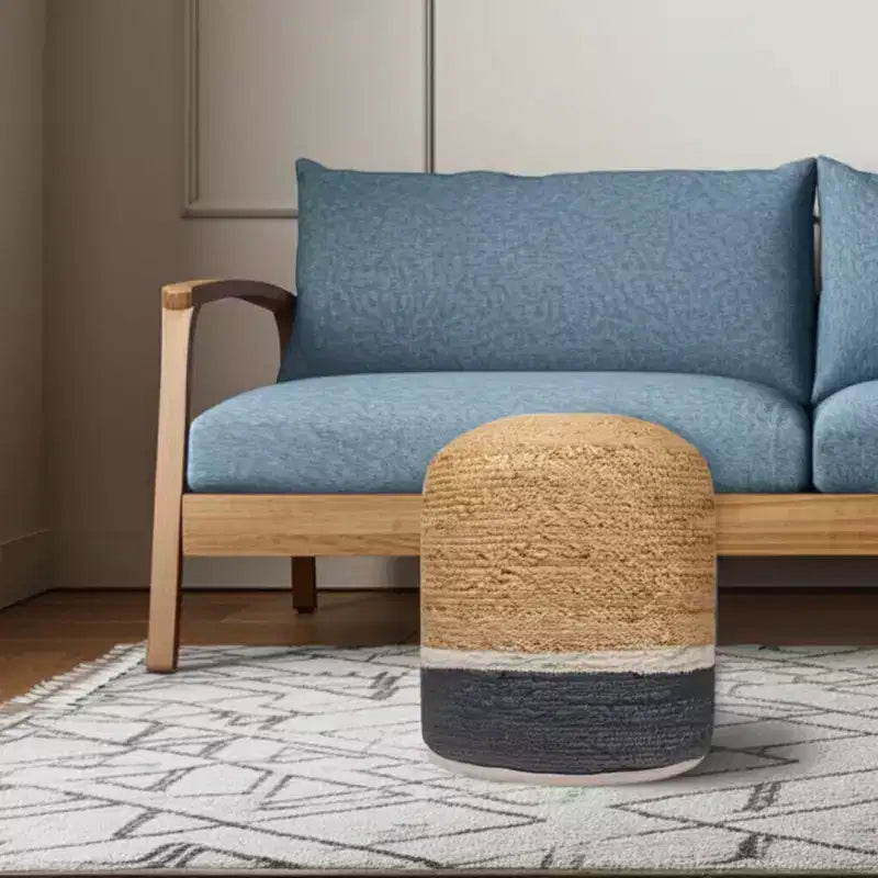 Pouf Cylindrique Rayé Naturel et Gris – Mélange de Jute, Siège Unique
