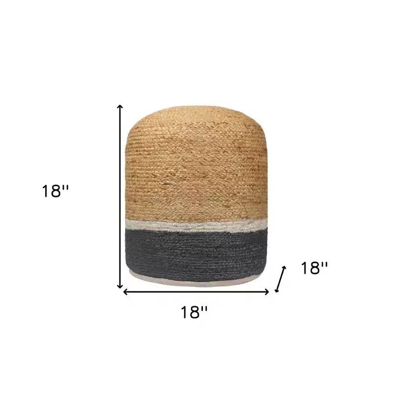 Pouf Cylindrique Rayé Naturel et Gris – Mélange de Jute, Siège Unique