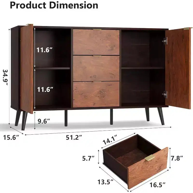 Buffet en noyer, Mid-Century Modern, 3 tiroirs et 2 portes, 130 cm