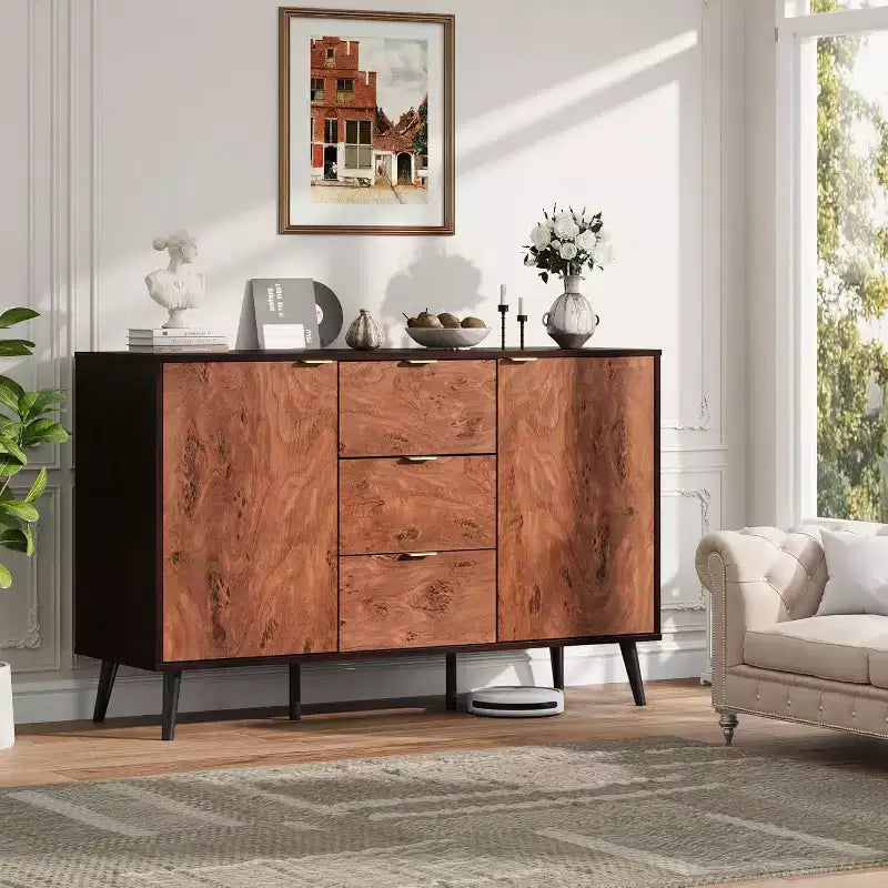 Buffet en noyer, Mid-Century Modern, 3 tiroirs et 2 portes, 130 cm