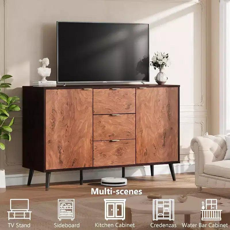 Buffet en noyer, Mid-Century Modern, 3 tiroirs et 2 portes, 130 cm