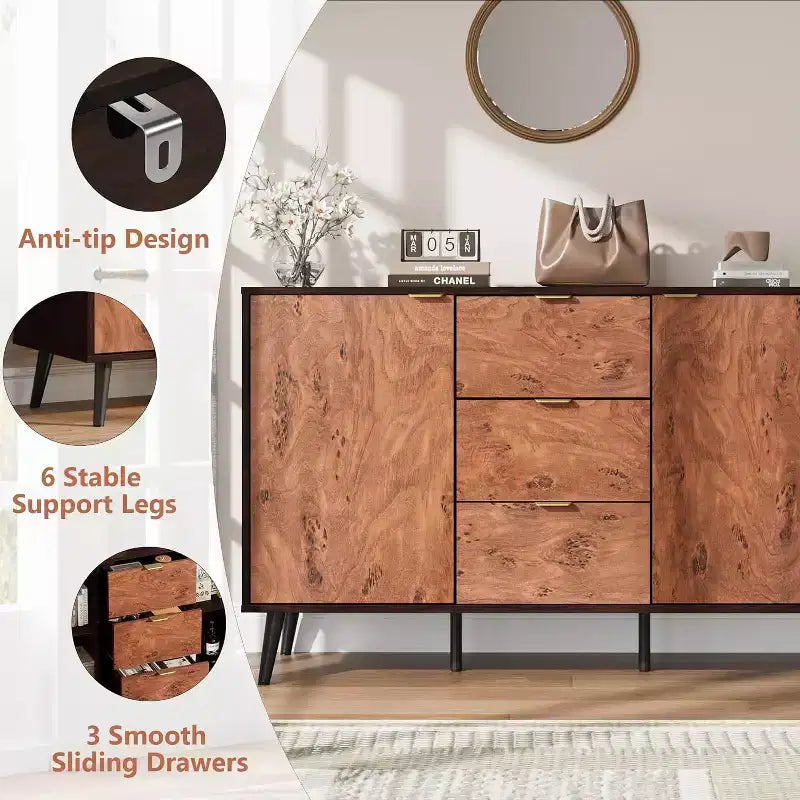 Buffet en noyer, Mid-Century Modern, 3 tiroirs et 2 portes, 130 cm