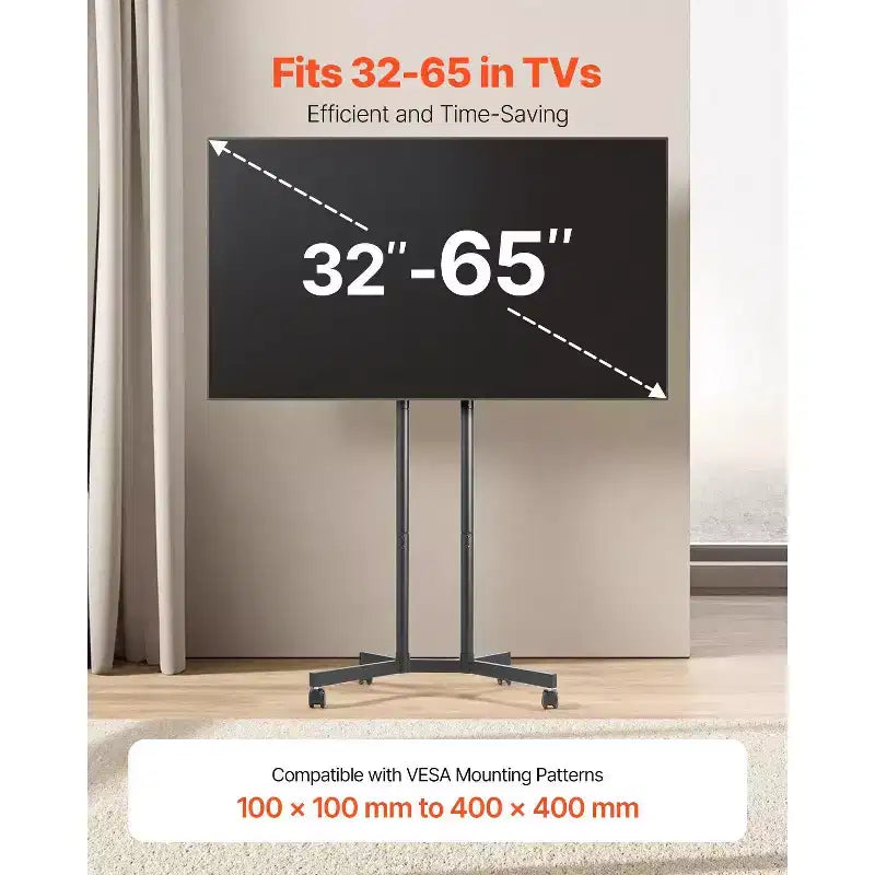 Meuble TV roulant en métal noir, écran unique, pour téléviseurs de 32 à 65 po