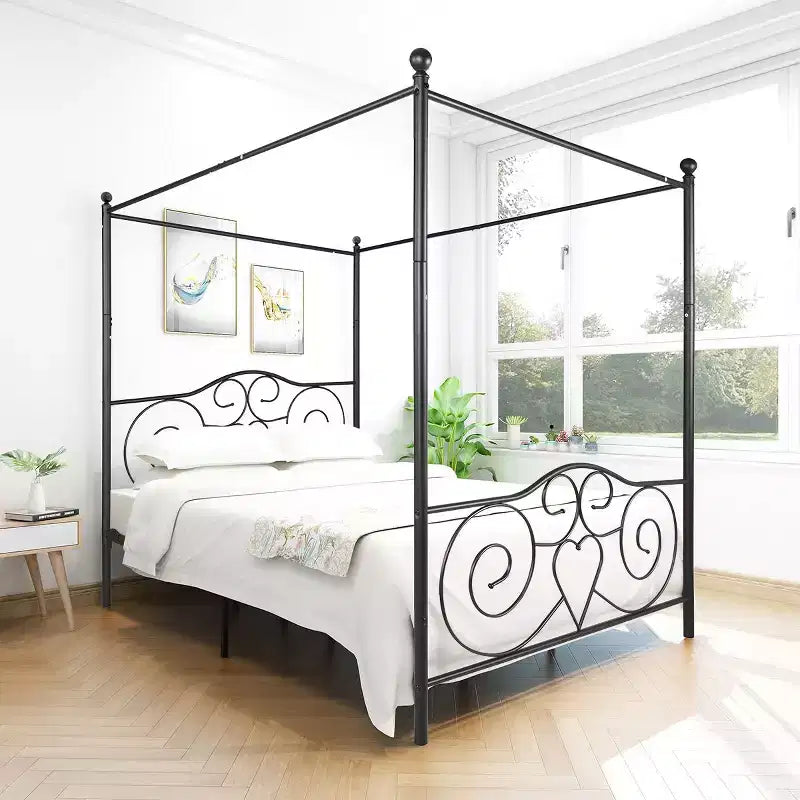 MAYEERTY Queen Size Metal Canopy Bed Frame with Headboard & Footboard, Quiet Noise-Free Design for Bedroom