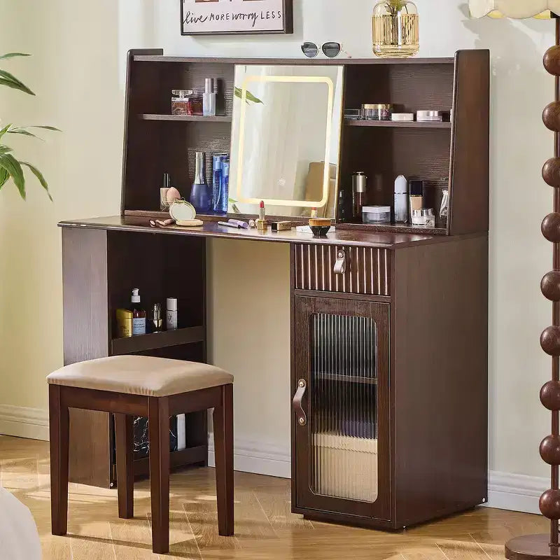 Whisen Elegant Makeup Vanity Desk, Modern Dressing Table Set with Stool, Mirror, Large Shelves, Drawer and Canbinet - Walnut