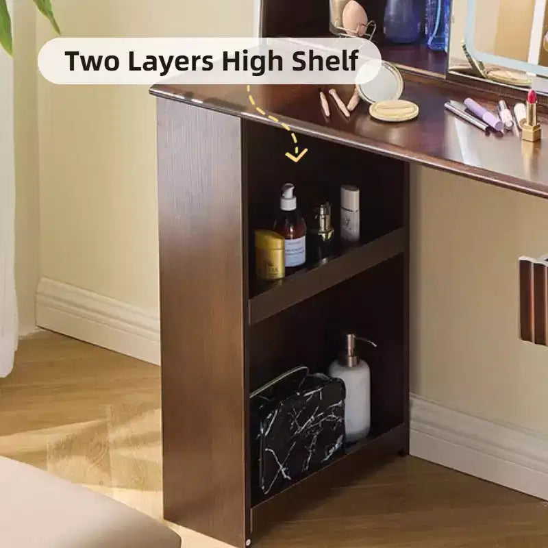Ensemble coiffeuse et tabouret en noyer avec miroir – 2 pièces