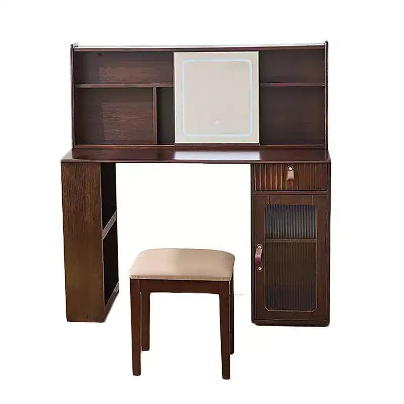 Ensemble coiffeuse et tabouret en noyer avec miroir – 2 pièces