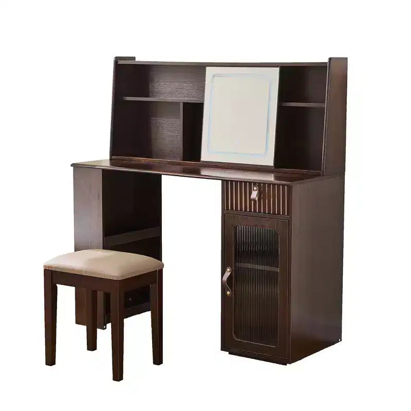 Ensemble coiffeuse et tabouret en noyer avec miroir – 2 pièces