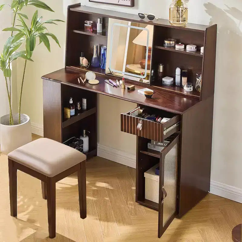 Ensemble coiffeuse et tabouret en noyer avec miroir – 2 pièces