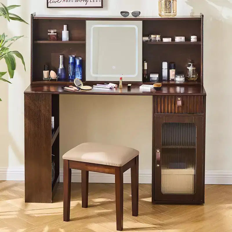 Ensemble coiffeuse et tabouret en noyer avec miroir – 2 pièces