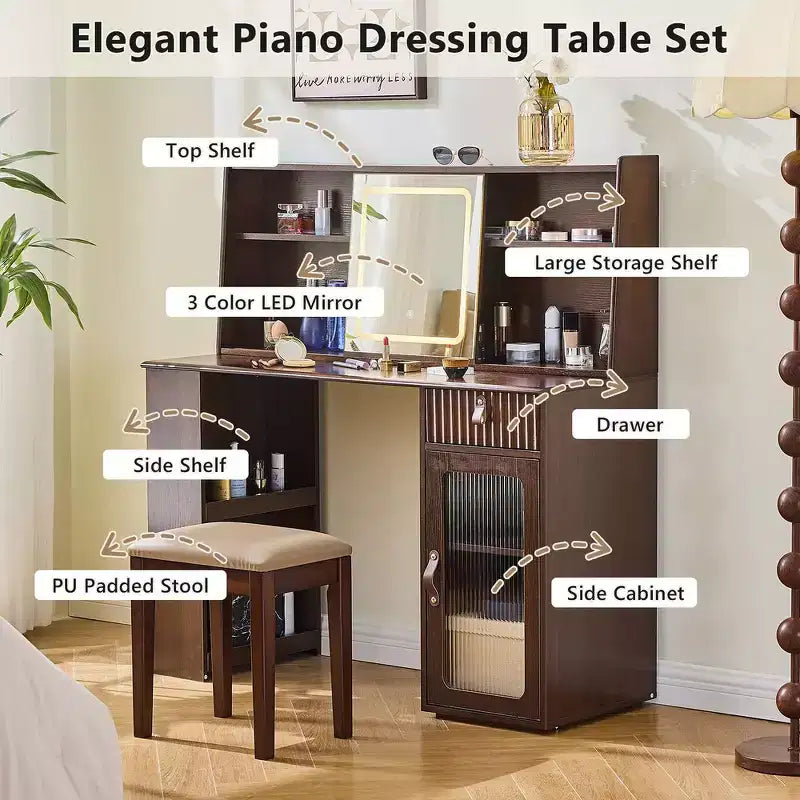 Ensemble coiffeuse et tabouret en noyer avec miroir – 2 pièces