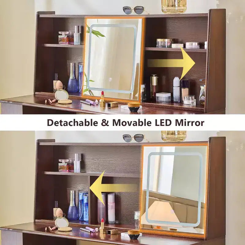 Ensemble coiffeuse et tabouret en noyer avec miroir – 2 pièces