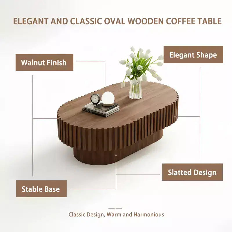 Table basse ovale marron, base piédestal cannelée, utilisation individuelle