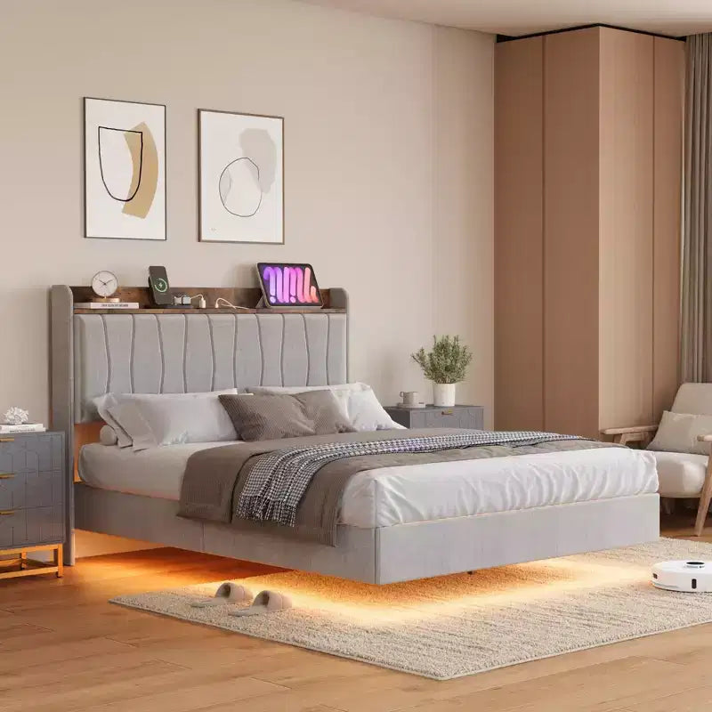 Modern floating platform bed frame, upholstered design, sturdy wooden slats, no spring mattress required, easy to assemble, beigeFull size.