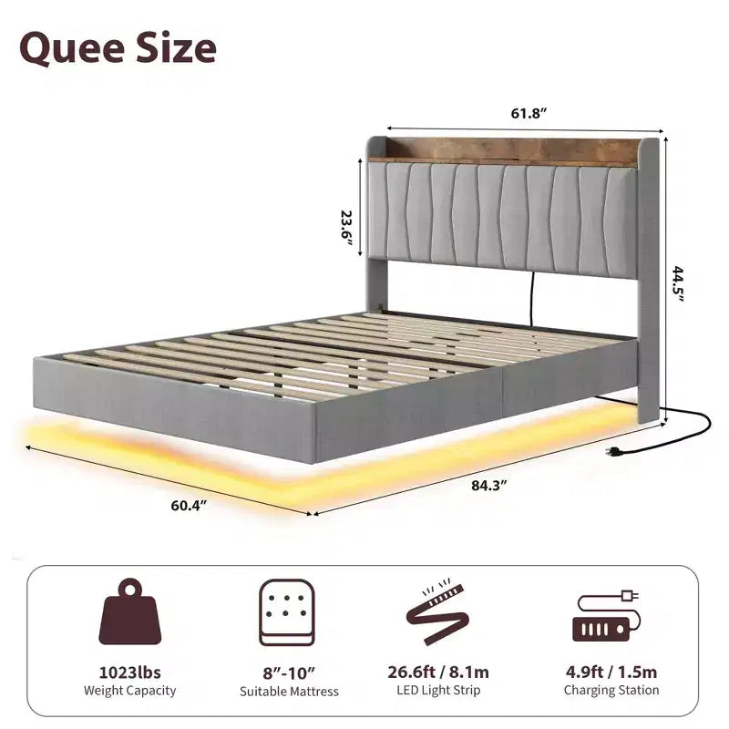 Lit plateforme flottant rembourré beige/noir/gris avec tête de lit LED et ports de chargement – Double/Queen/King, 1-2 personnes